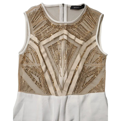 Mangano White Beige Mesh Crystal Embellished Sleeveless Jumpsuit