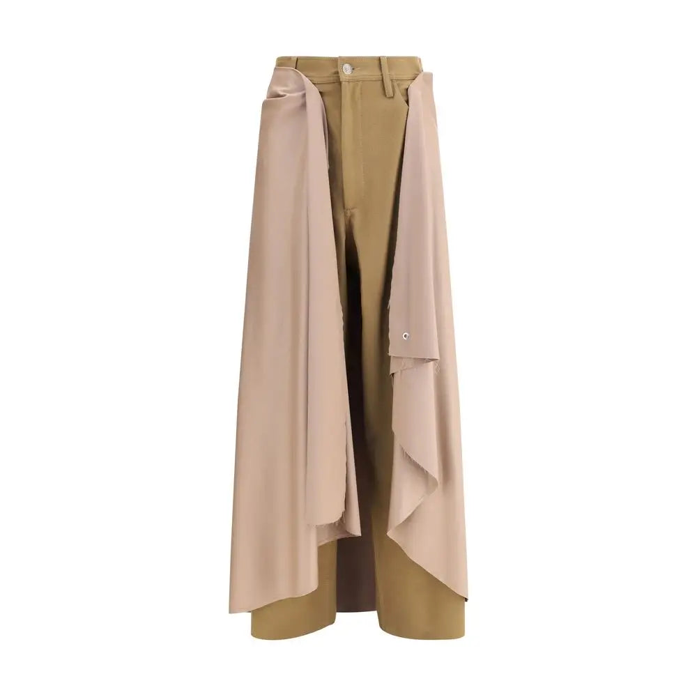 MARBELL beige wool athletic pants med draperet asymmetrisk overlay