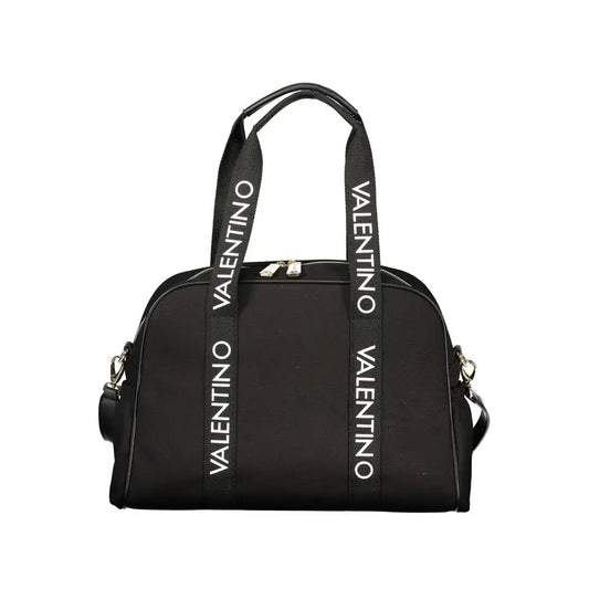 Sort Mario Valentino nero cotton women handbag med sort duffel, hvide logo-håndtag og sølv lynlåse