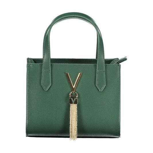 Mario Valentino Verde Poliuretano emerald green textured leather handbag with gold-tone V-shaped clasp and matching tassel
