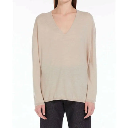 Max Mara beige cashmere sweater med V-hals og lange ærmer