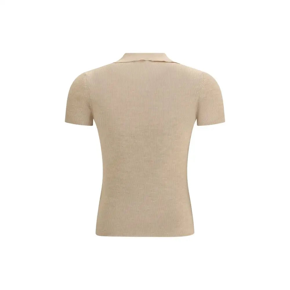 Max Mara beige fleece ribbed knit polo shirt med klassisk krave