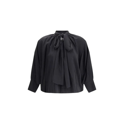 Max Mara Leonida silk blouse in black satin with gathered neckline and bow