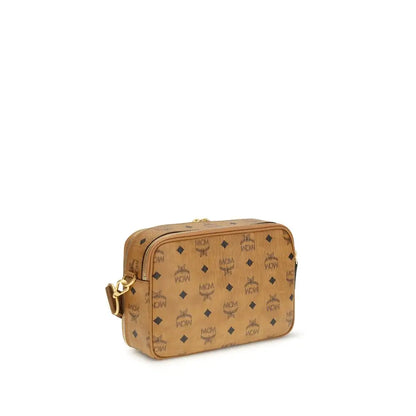 MCM beige fabric skulder taske med tan canvas og guld hardware