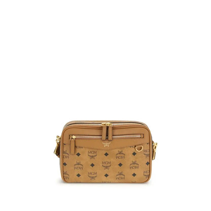 MCM beige fabric skulder taske med tan mønster og guld hardware