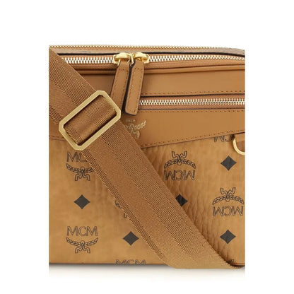 MCM beige fabric shoulder taske med tan læder og guld hardware