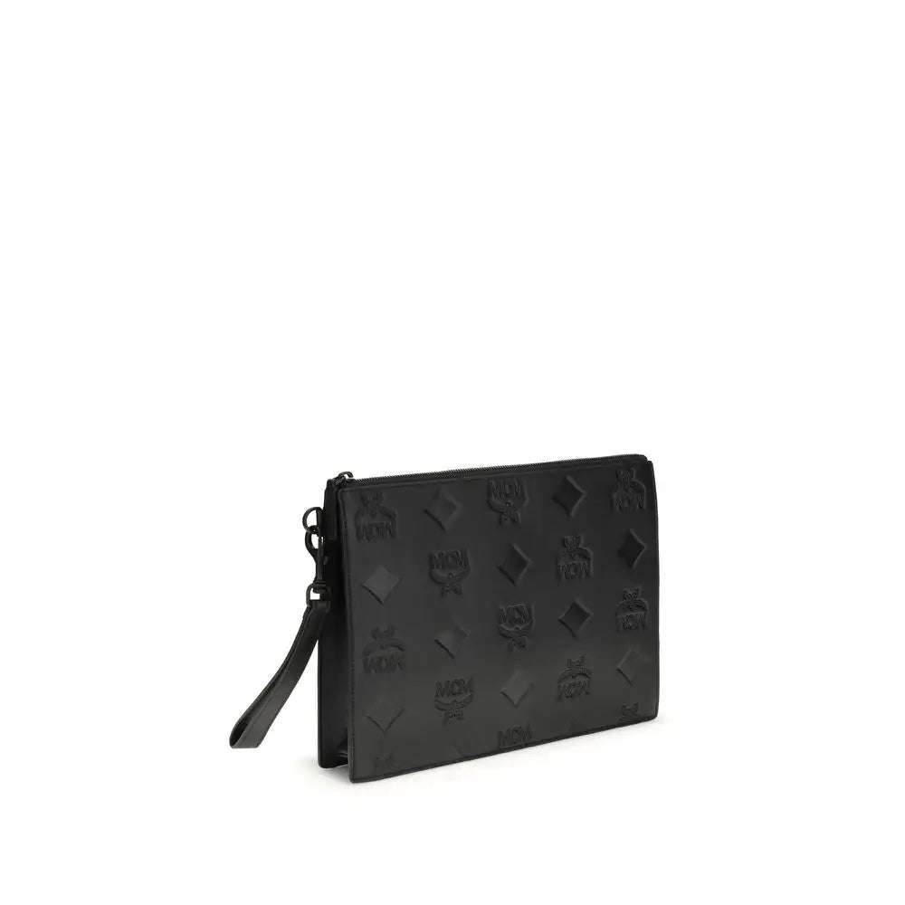 Sort MCM sort sort svart kalveskind Bos Taurus clutch taske med trykt logo og håndledsrem