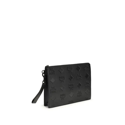 Sort MCM sort sort svart kalveskind Bos Taurus clutch taske med trykt logo og håndledsrem