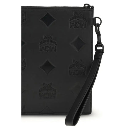 Sort MCM black calf leather Bos Taurus clutch with embossed logo wristlet and detachable strap