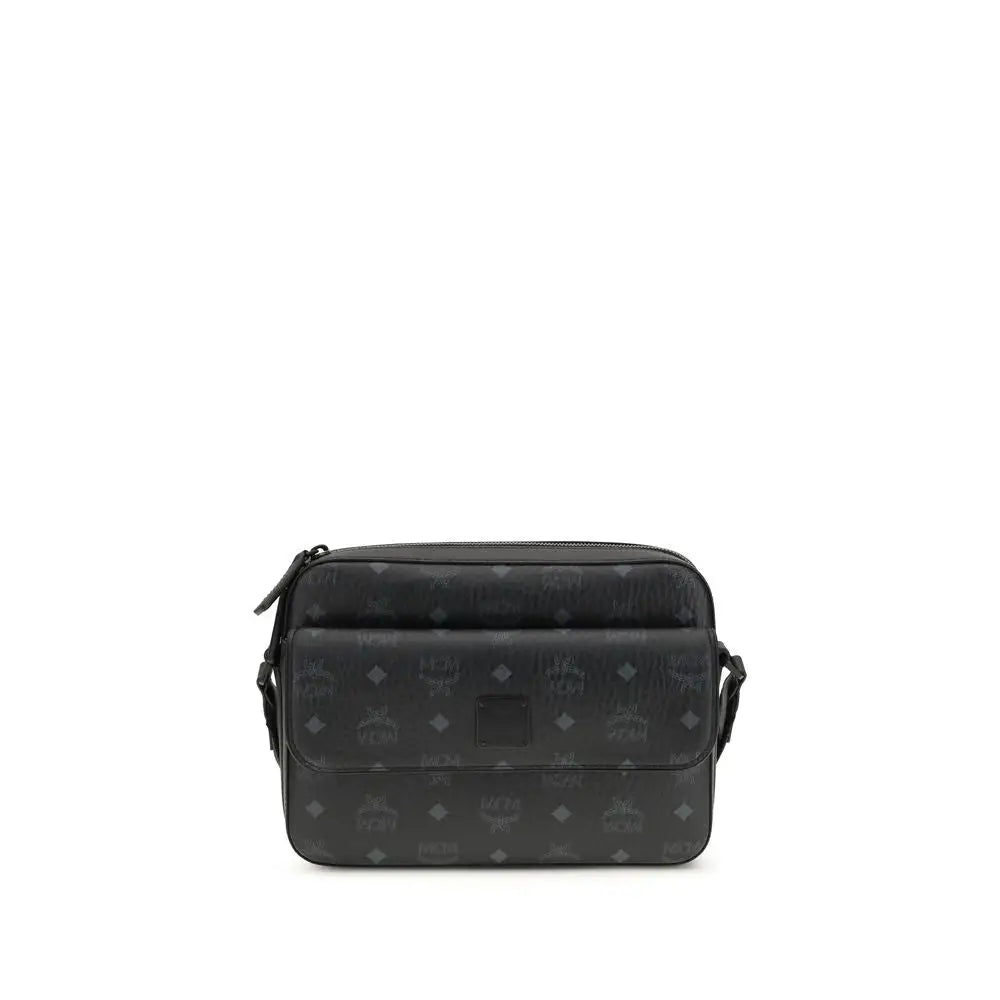 MCM sort crossbody taske med monogram mønster i læder, outlet mærkevarer, spar 30-70%