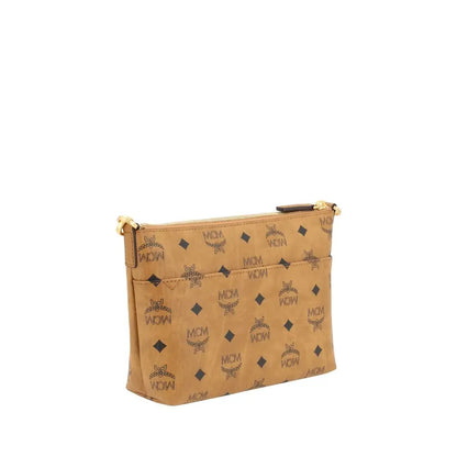 Tan MCM clutch i brun læder med logo og diamantmønster, 100% originale brands
