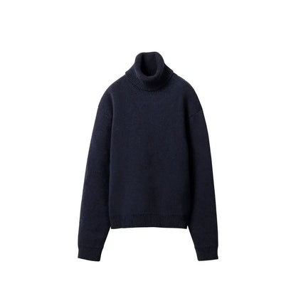 Miu Miu blå cashmere turtleneck i navy blå rib-strik med løs pasform og lange ærmer
