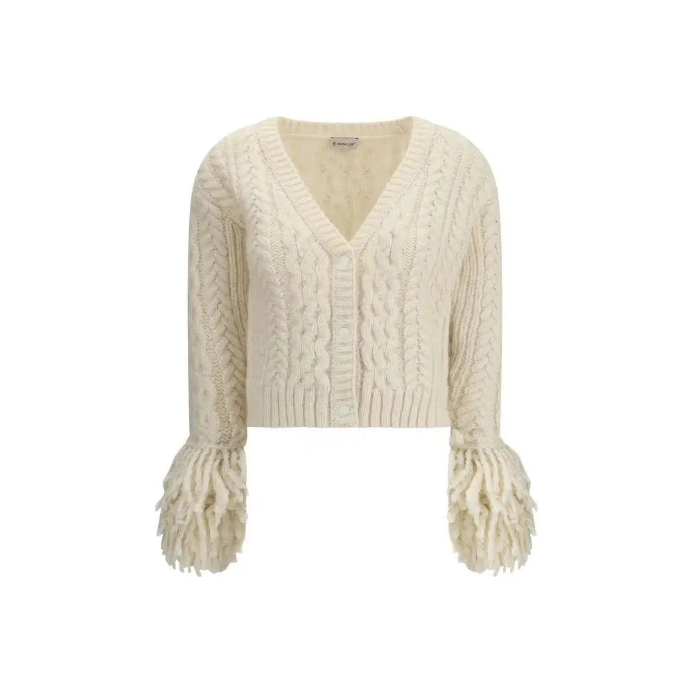 Moncler cream alpaca vicugna pacos cardigan med frynsete klokkearm