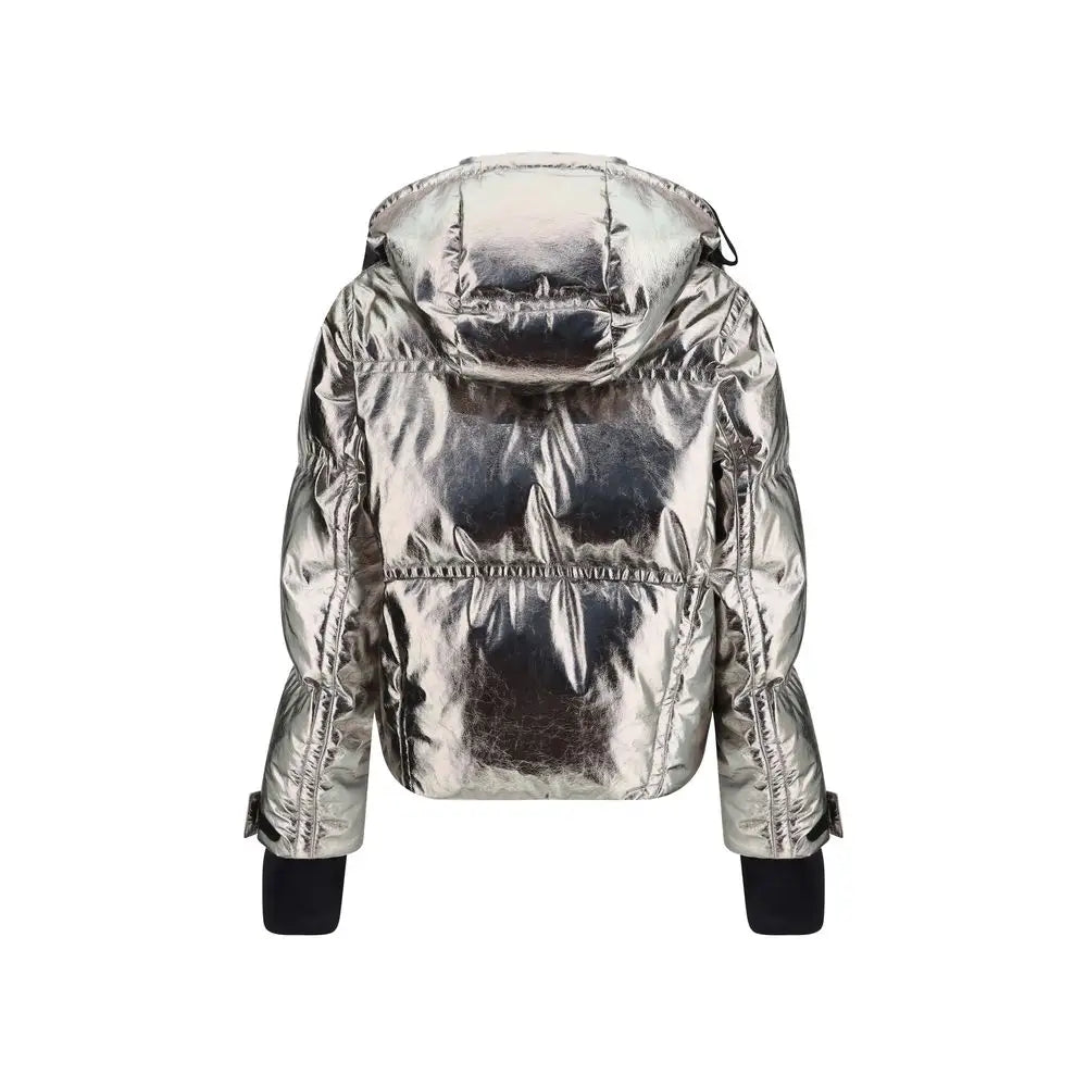 Moncler Grenoble sølv metallic puffer jakke med hætte og sorte manchetter