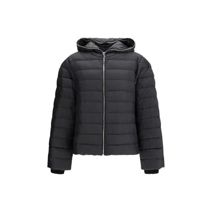 Sort Moncler x Rick Owens sort polyester jakke med hætte og sølv lynlås