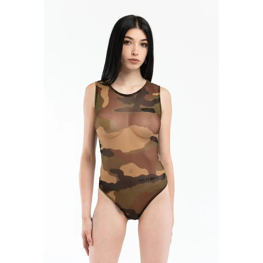 Sheer camouflage Moschino cotton bodysuit med sort trim og logo
