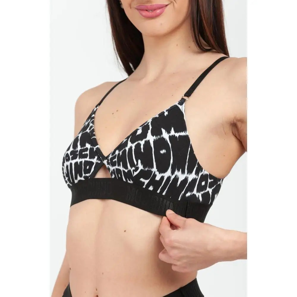 Sort Moschino black cotton bikini med sort-hvid grafisk bh og fed stiliseret tekst