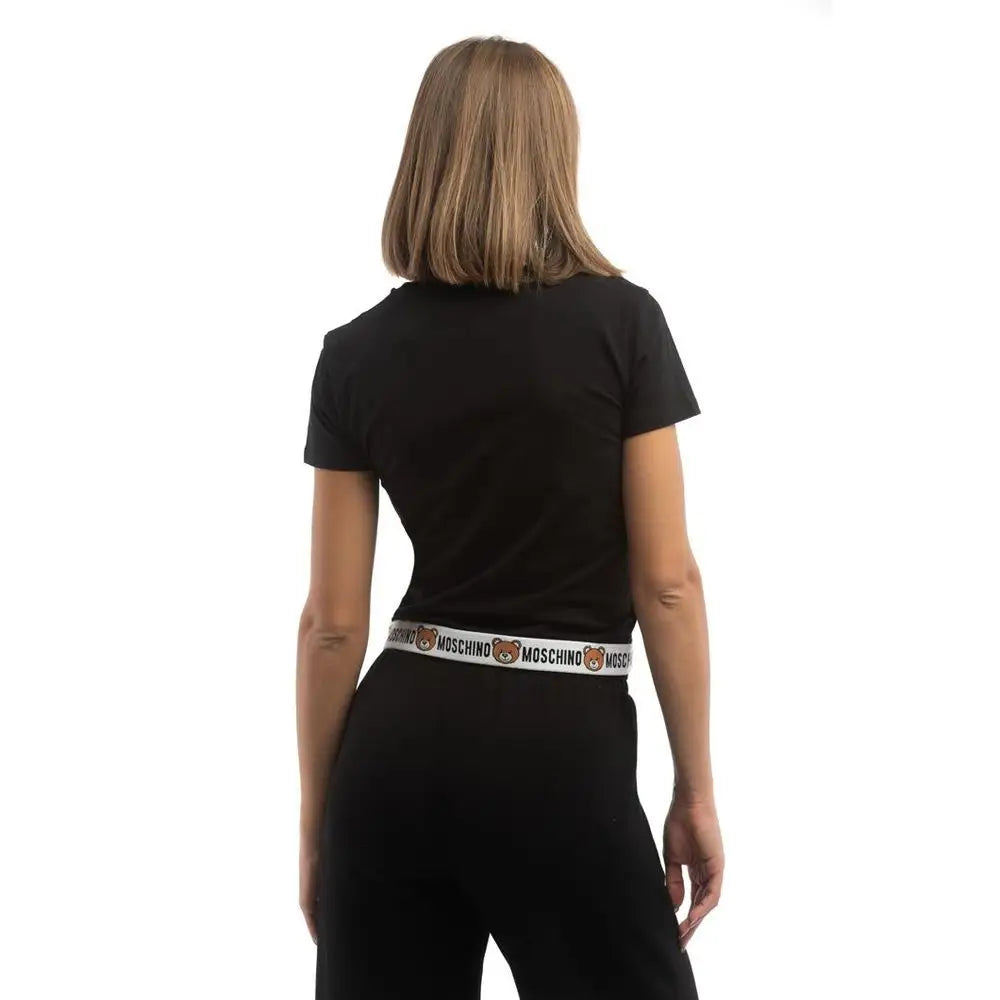 Moschino black cotton sportswear t-shirt med hvid taljebånd og bjørne-logoer