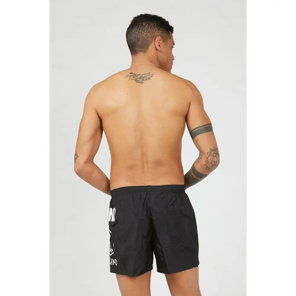 Moschino sorte polyester badeshorts med hvidt branding og outlet mærkevarer rabat