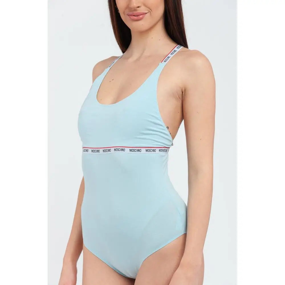 Lys blå Moschino bomuldsbodysuit med hvid-rød logo