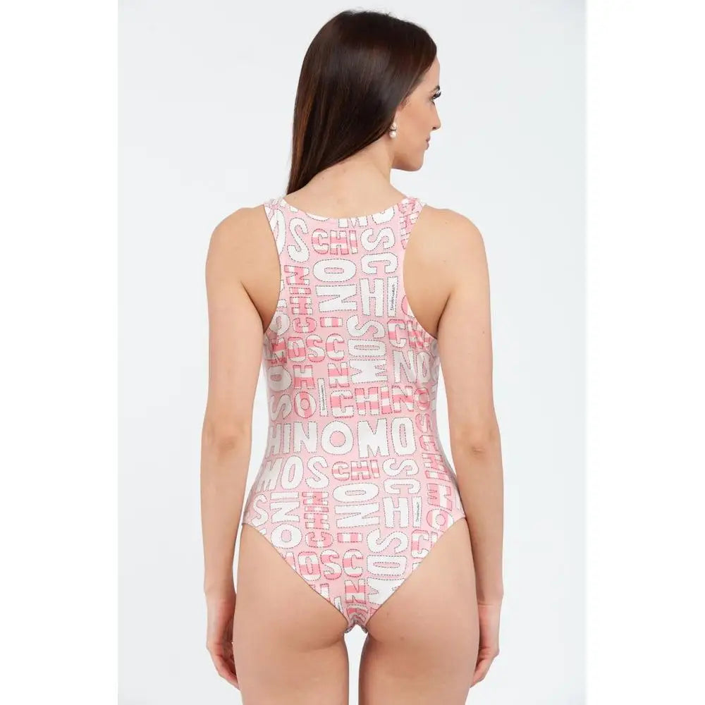 Moschino multicolor bomuld bodysuit med pink ensfarvet badedragt og gentagende Moschino-logo i hvid og sølv