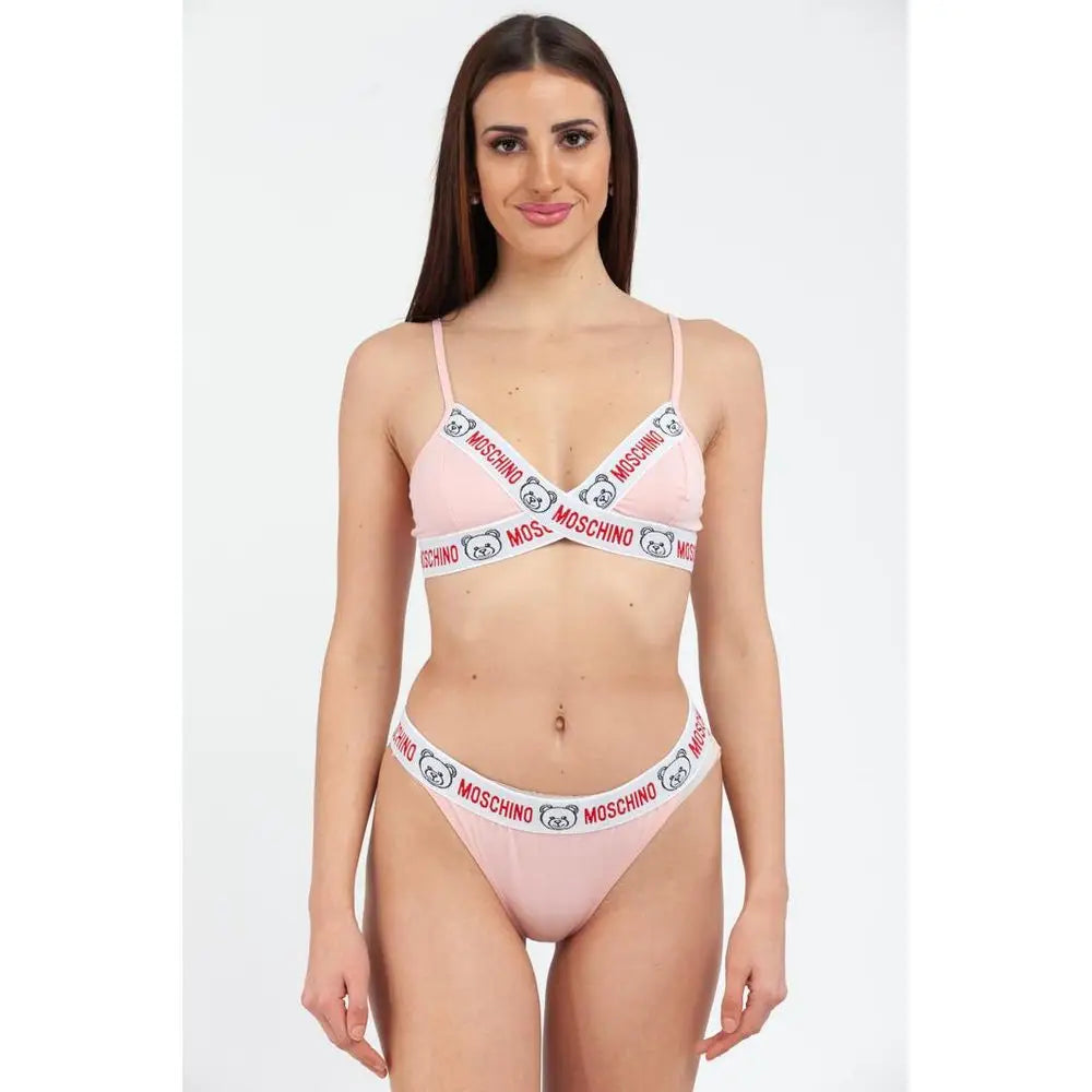 Pink Moschino bikini sæt med hvid trim og bjørne-logo i outlet mærkevarer