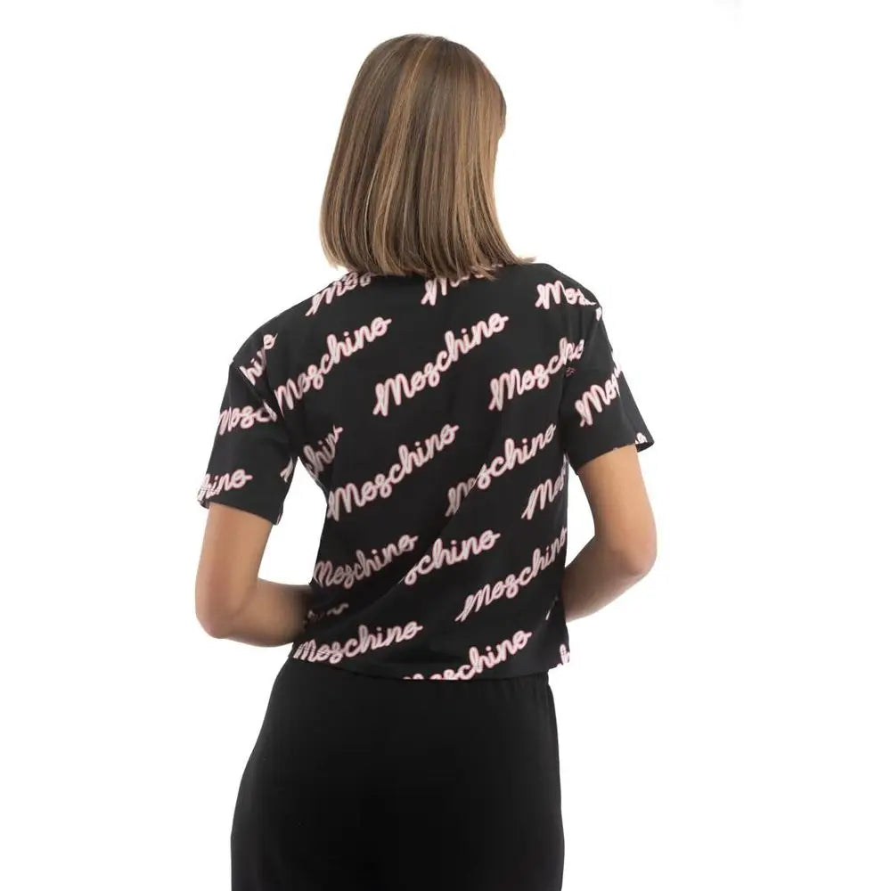 Sort Moschino crop top med pink logo print, outlet mærkevarer, spar 30-70%