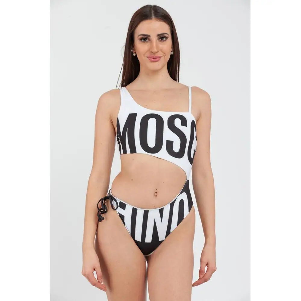 Moschino bikini i hvid og sort med oversize bogstaver, outlet mærkevarer, spar 30-70%