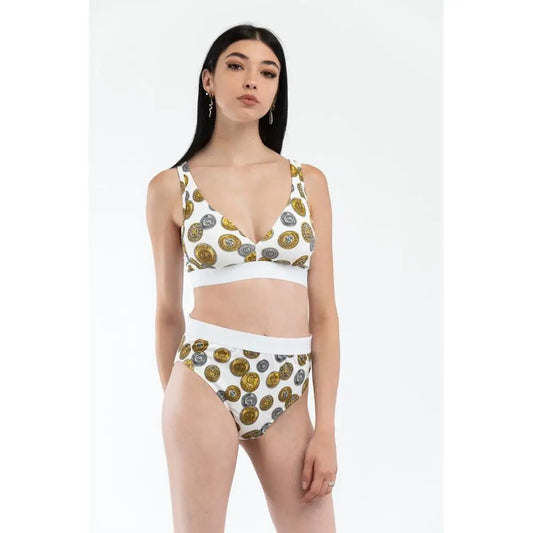 Moschino white cotton bra med guld- og sølvmyntmotiver