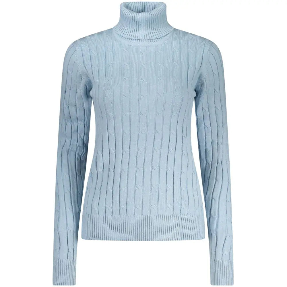 Lysblå kabelstrikket turtleneck sweater i azzurro viscosa til kvinder
