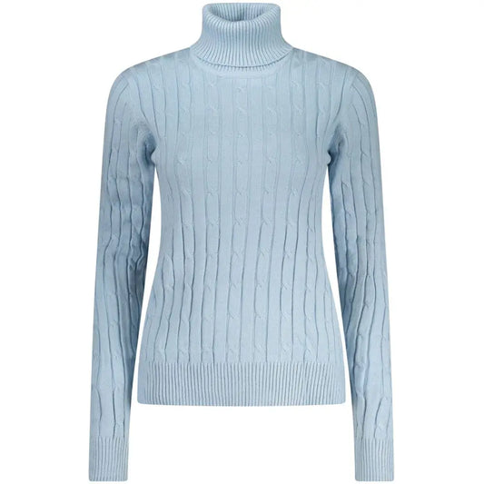 Lysblå kabelstrikket turtleneck sweater i azzurro viscosa til kvinder