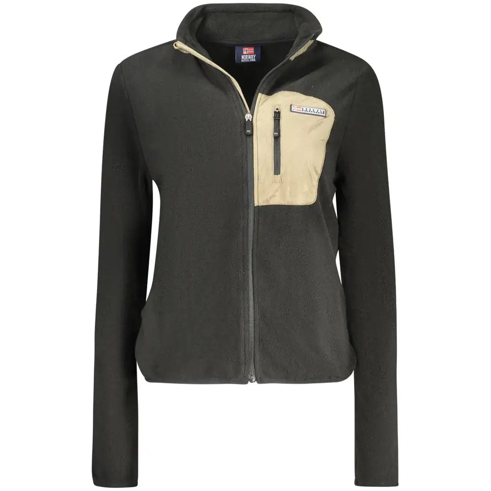 Mørkegrøn og beige to-tone polyester sweatshirt med lynlås, hætte og patch