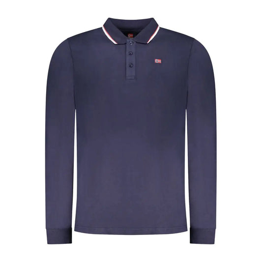 Nordisk marineblå langærmet polo shirt i blu cotton med hvid og rød kravekant og norsk flagbroderi på brystet, Norway 1963 model fra outlet mærkevarer