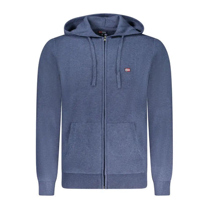 Blå heklet poliammide herre-cardigan med norsk flag på brystet