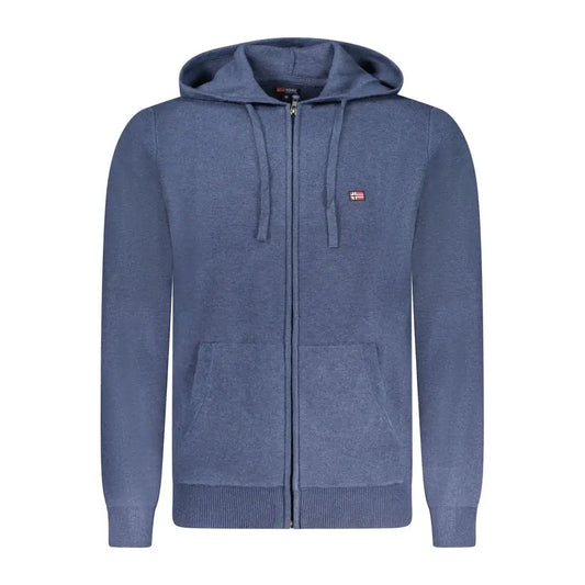 Blå heklet poliammide herre-cardigan med norsk flag på brystet