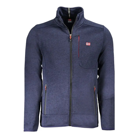 Navy blue textured fleece jakke med rød lynlås og norsk flag på brystet, blu polyester