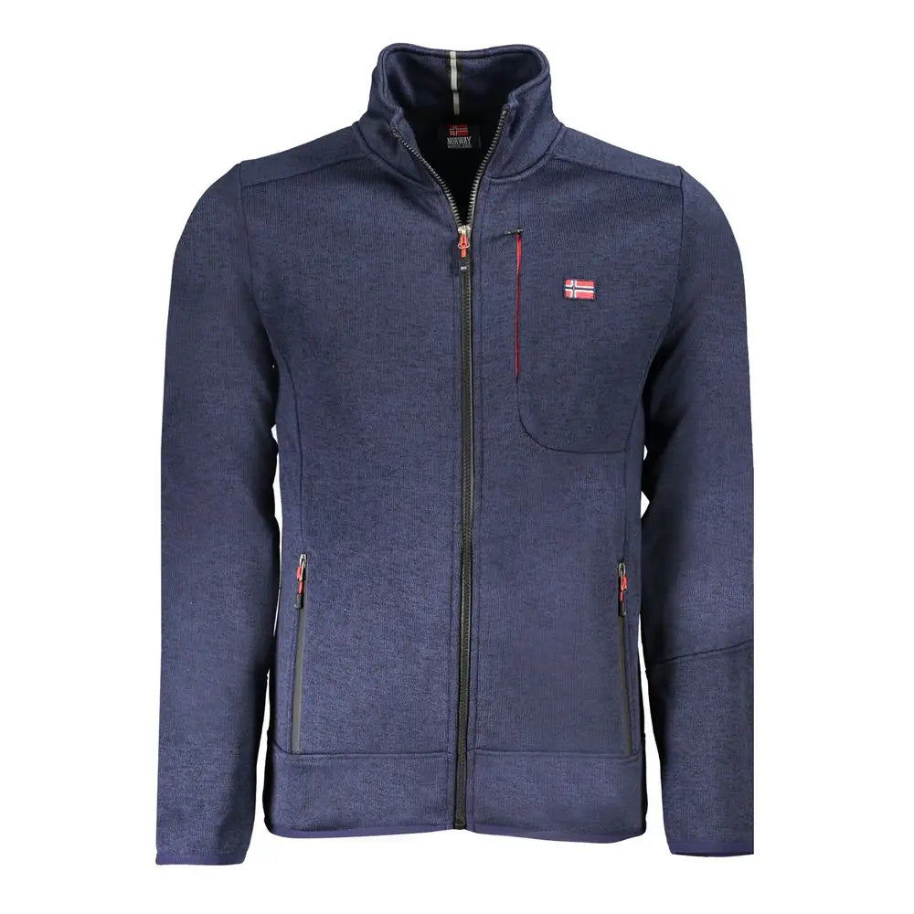 Navy blue textured fleece jacket med rød lynlås og norsk flag, blu polyester