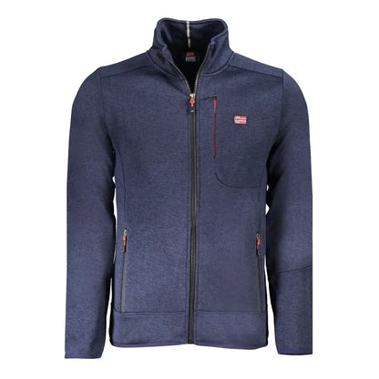 Navy blue textured fleece jacket med rød lynlås og norsk flag, blu polyester