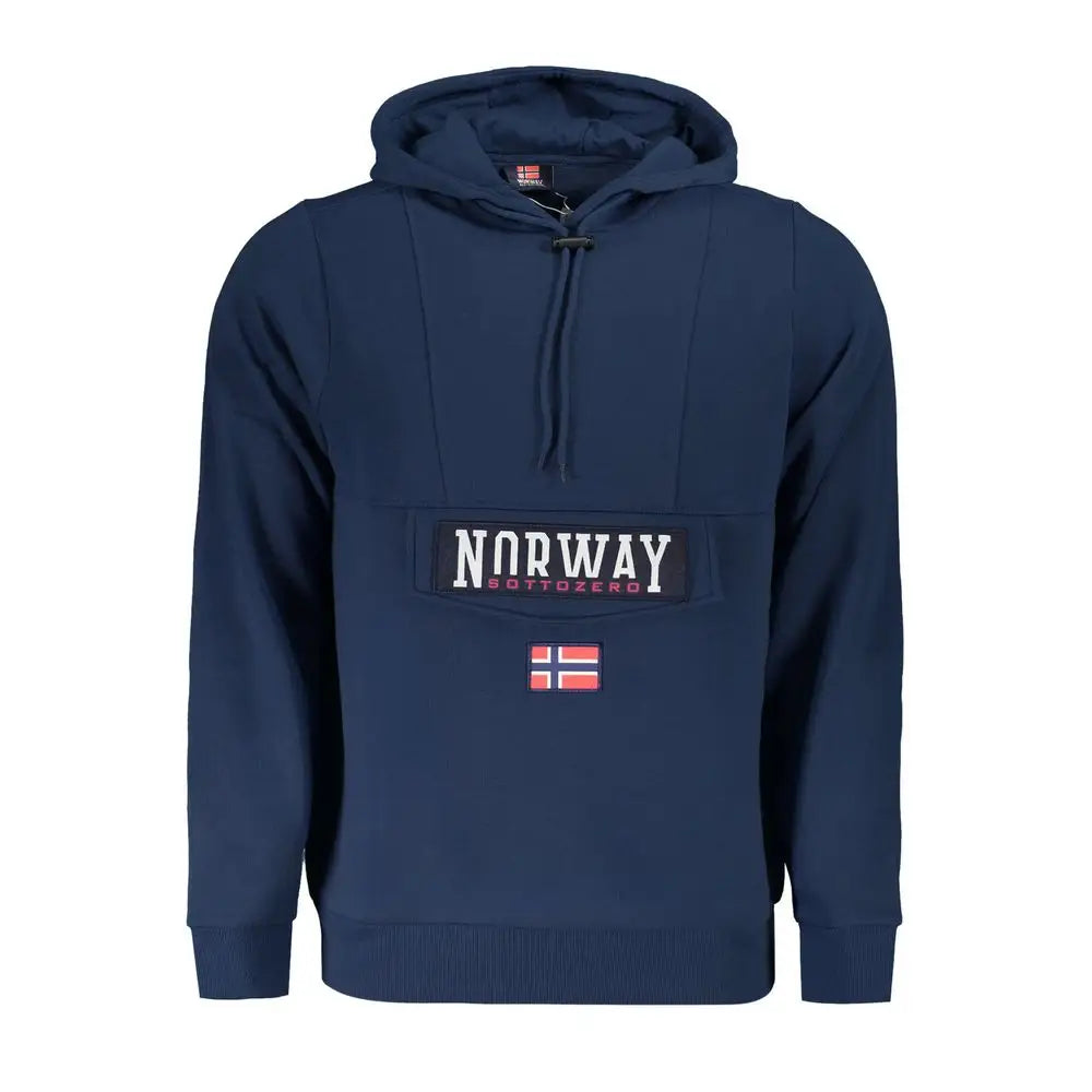 Navy blue pullover hoodie with Norway 1963’s blå embroidered flag pocket