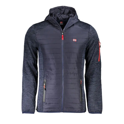 Mørk blå polyester shell jakke med rød lynlås og norsk flag