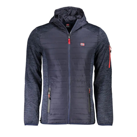 Mørk blå polyester shell jakke med rød lynlås og norsk flag