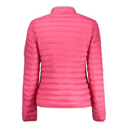 Vibrant rosa poliammide women jacket, pink quilted puffer with high collar