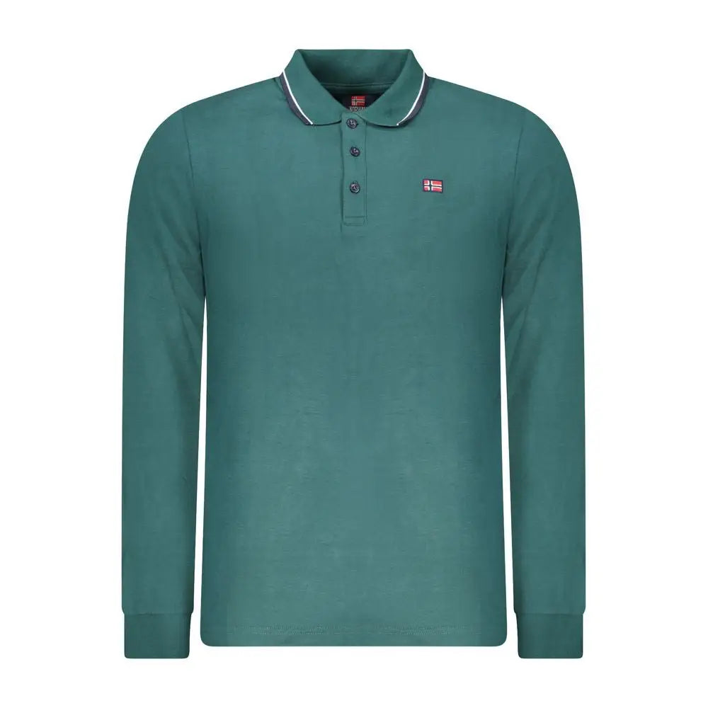 Teal langærmet polo shirt i grønne farve med hvid og marine krave, norsk flag og verde cotton