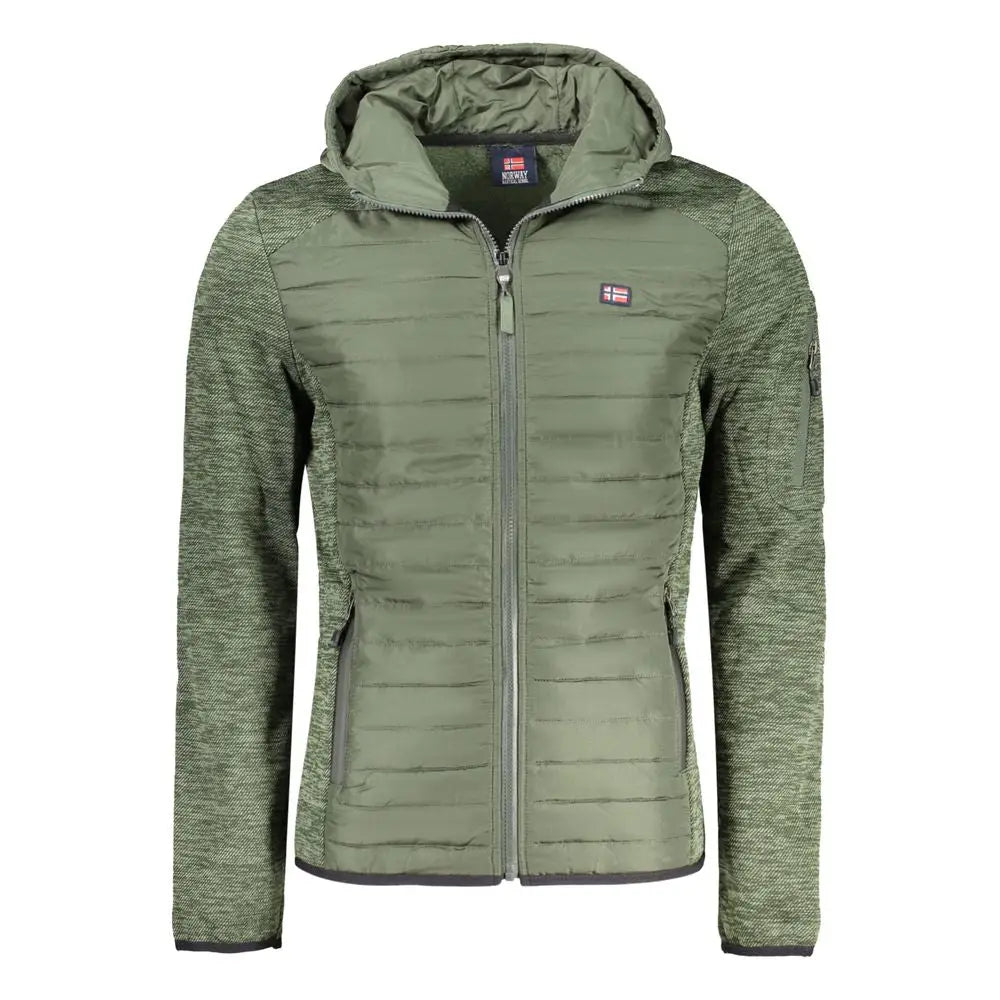 Olive green quilted hooded jacket with Norwegian flag logo