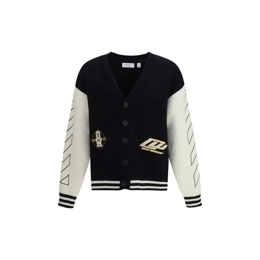 Sort off-white sort cardigan i sort bomuld med sort og creme farver og broderede logoer