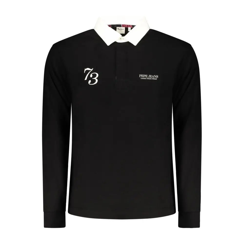 Pepe jeans sort langærmet rugbytrøje med hvid krave og 73-broderi, 100% originale brands