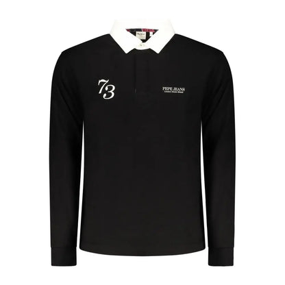 Pepe jeans sort langærmet rugbytrøje med hvid krave og 73-broderi, 100% originale brands