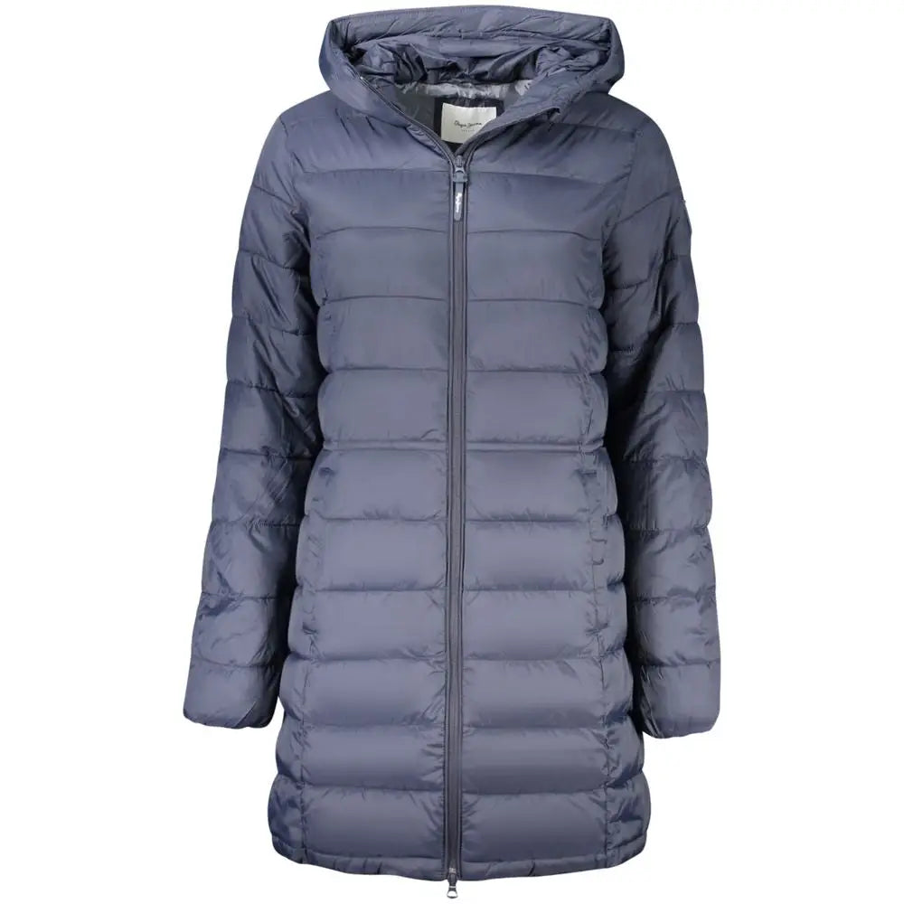 Pepe jeans blue polyamide quilted hooded down jacket med lynlås og elastikmanchetter