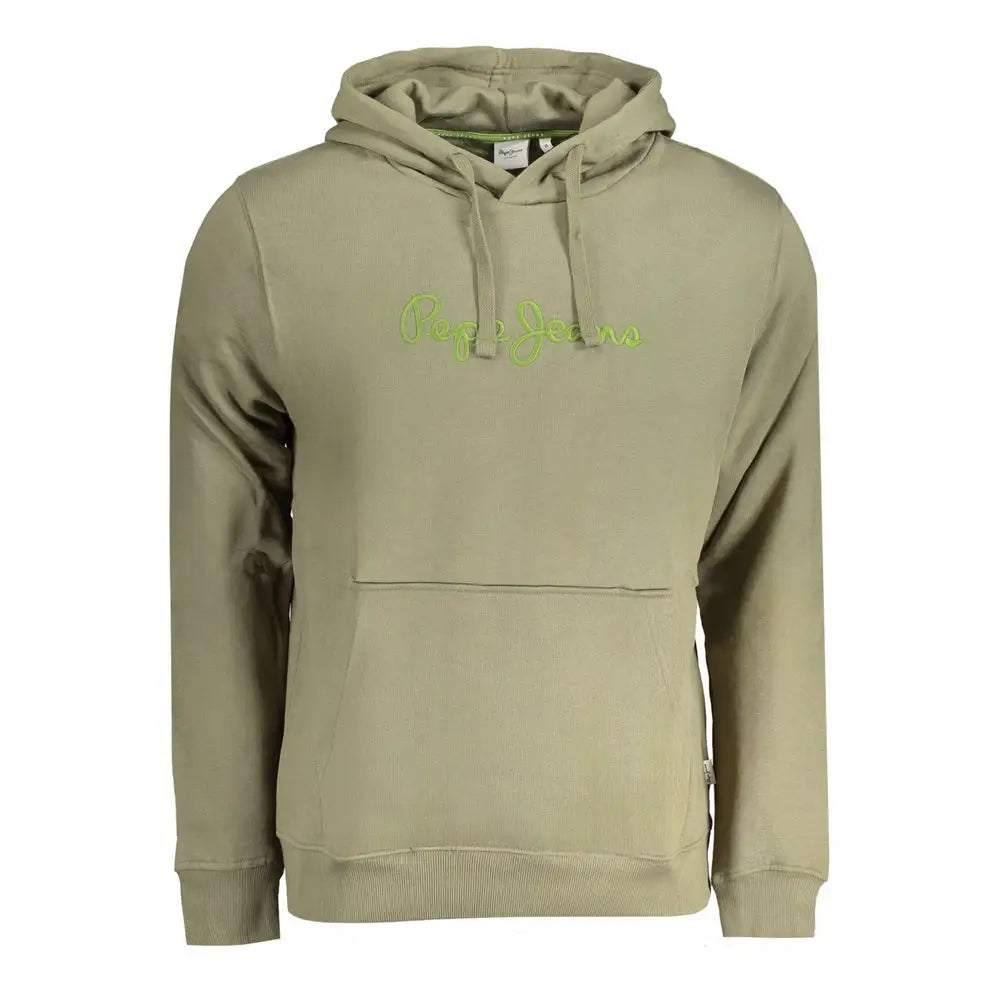 Olivengrøn pepe jeans cotton sweater med limegrøn logo og lomme. Outlet mærkevarer