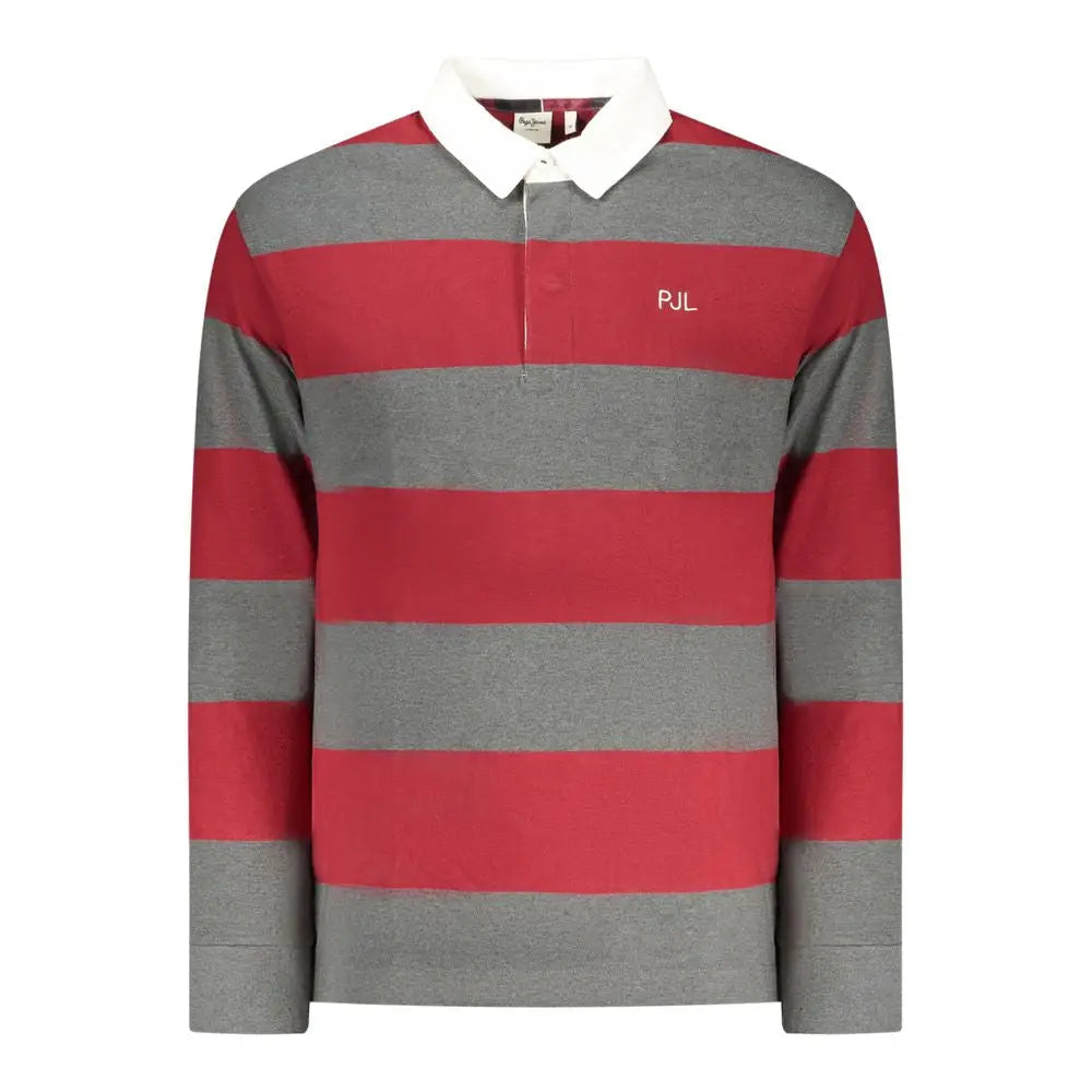 Rød og grå vandret stribet langærmet Pepe Jeans Rosso Cotton polo shirt med hvid krave